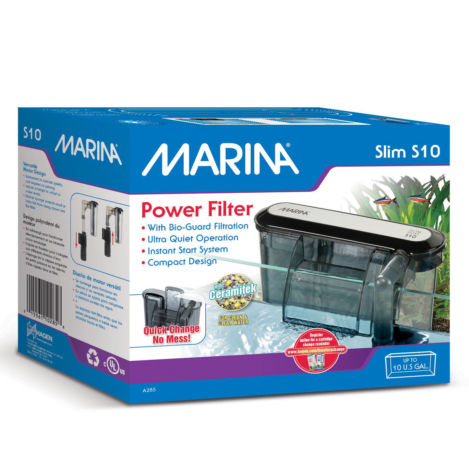 Filtre à moteur Slim Marina S10, pour aquariums jusqu’à 38 L (10 gal US)