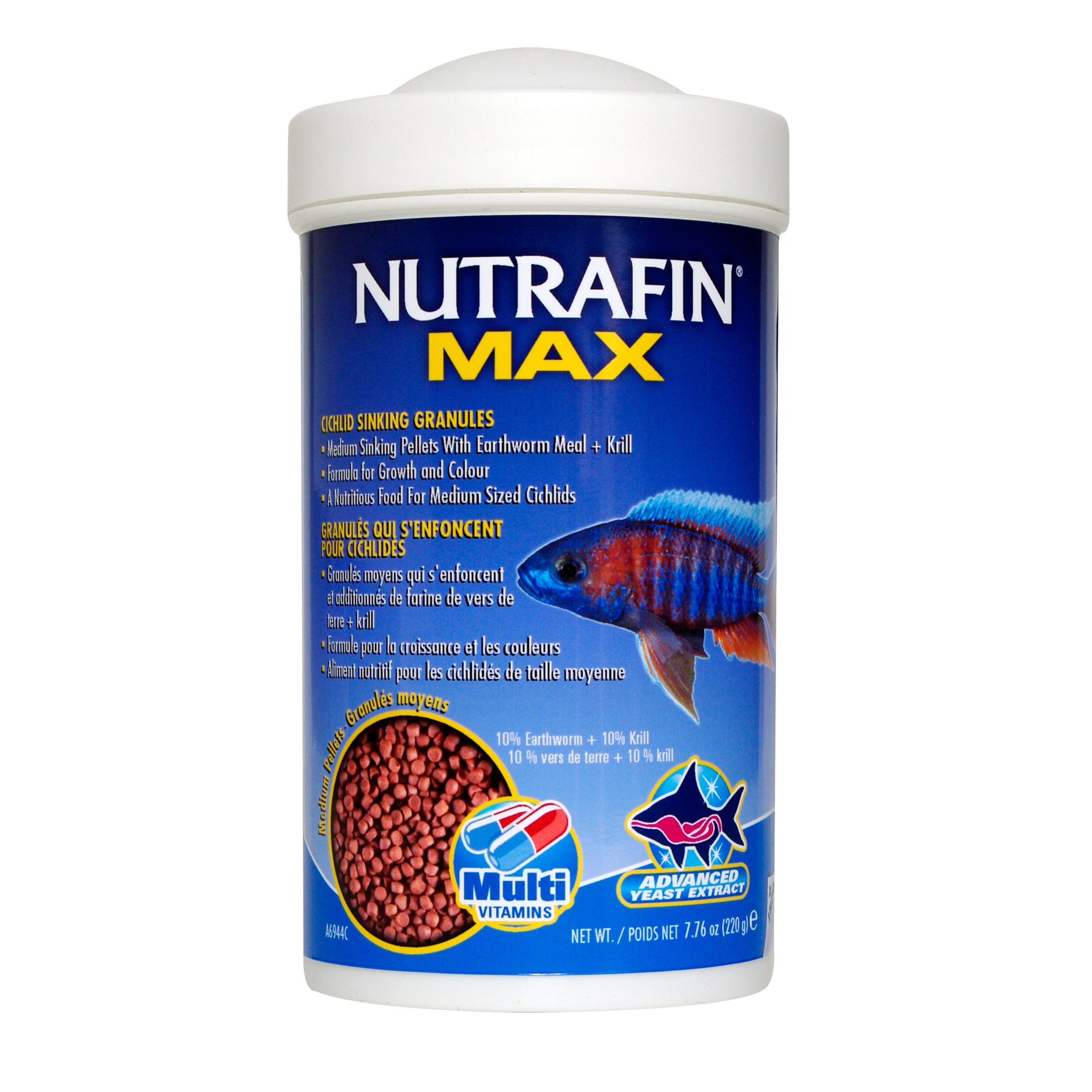 Granulés Nutrafin Max qui s’enfoncent pour cichlidés, moyens, 220 g (7,76 oz)