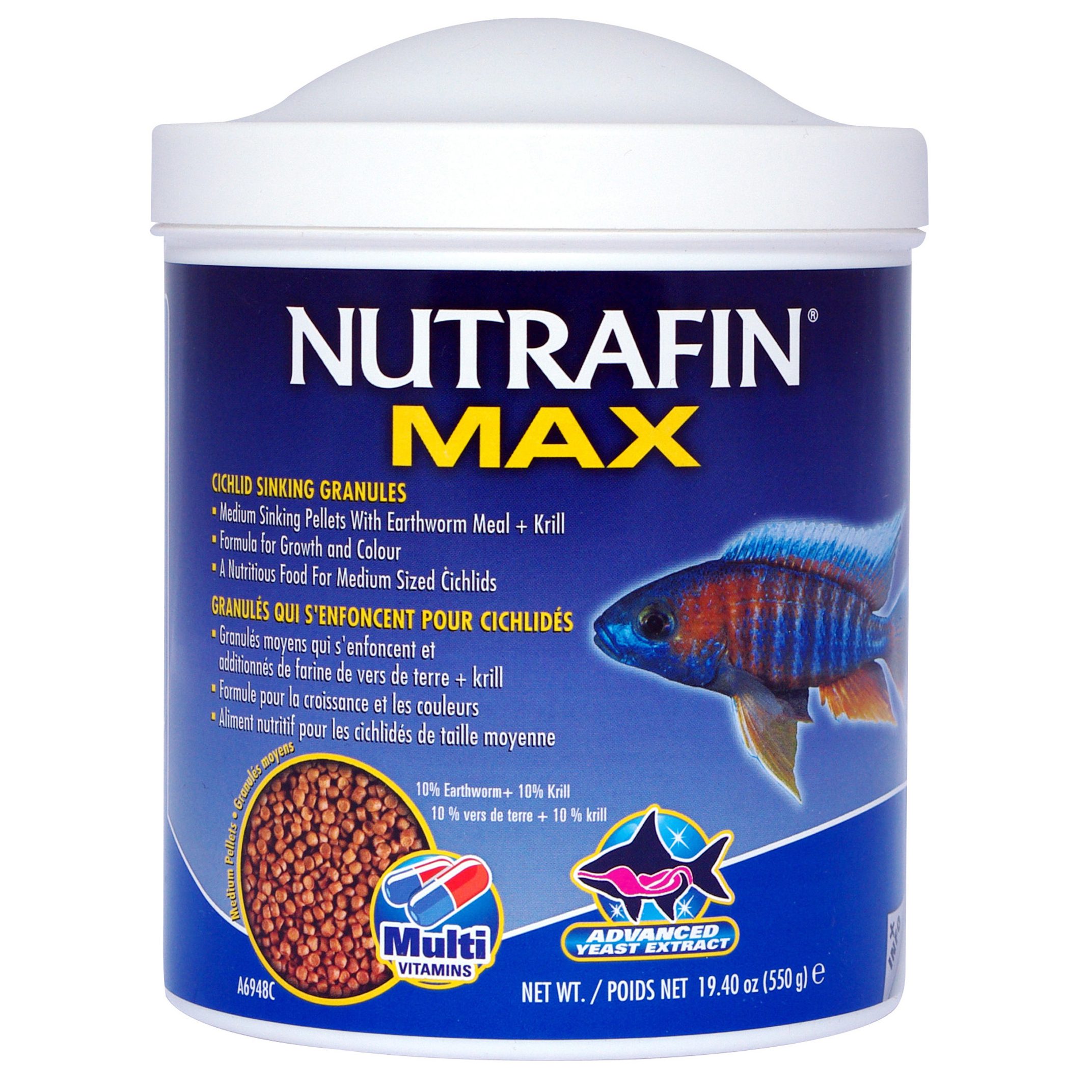 Granulés Nutrafin Max qui s’enfoncent pour cichlidés, moyens, 550 g (19,4 oz)