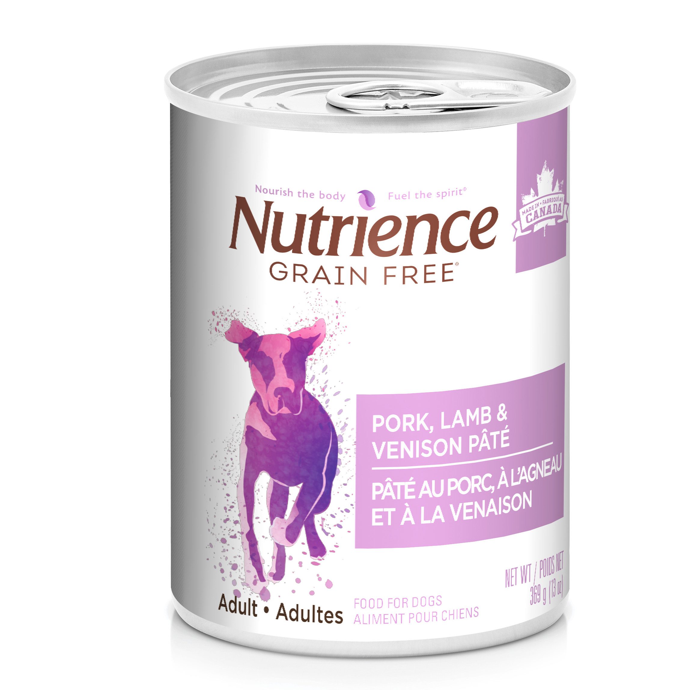 Aliment Nutrience Sans grains pour chiens, Pâté au porc, à l’agneau et à la venaison, 369 g (13 oz)